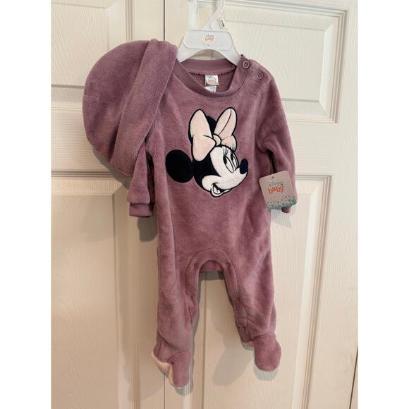NEW Disney Baby Minnie Mouse Soft Blush Sleeper Onesie + Hat 3-6 mo. - Picture 6 of 8